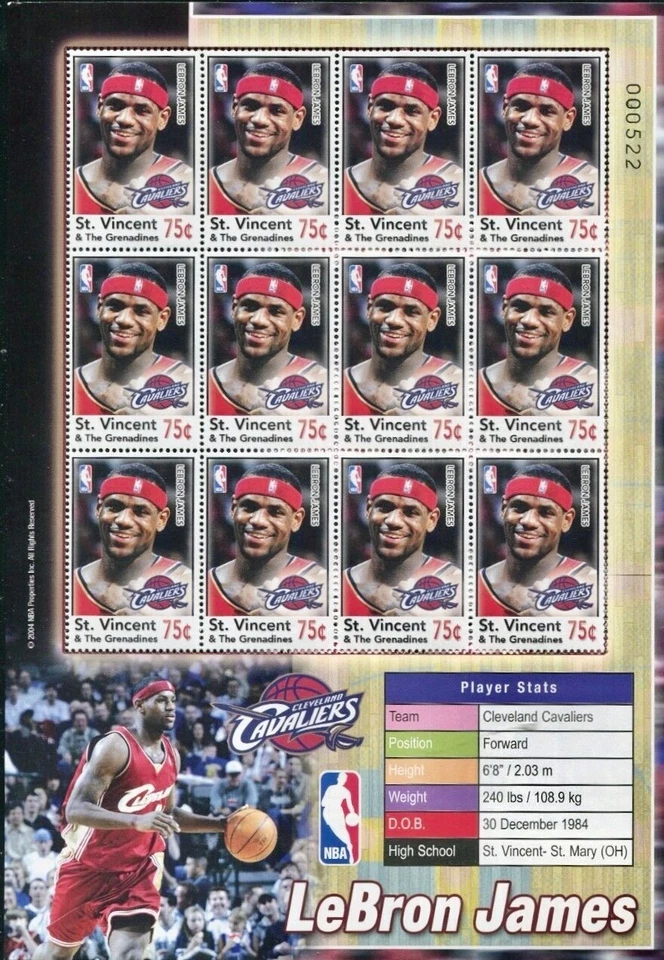 St Vincent #SG5383 MNH M/S 2004 Lebron James Cleveland Cavaliers NBA [3419] Foto 1 de 1