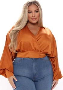 Fashion Nova Alyssa Surplice Top Rust Color Blouse Sz 1X, Puff Sleeve, NWT - Picture 1 of 6