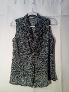 Blusa Tahari donna PS Petite S senza maniche trasparente con volant stampa bottoni - Foto 1 di 14