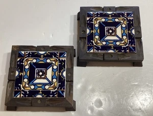 Orion Tile Trivet Square Blue White & Yellow Wood Frame Monterey Mexico Set of 2 - Picture 1 of 7