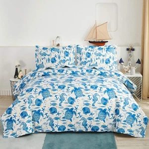 Marine Life Bedding Turtle Quilt King Size Coastal Bedspread Beach Sea Turtle... - Picture 1 of 6