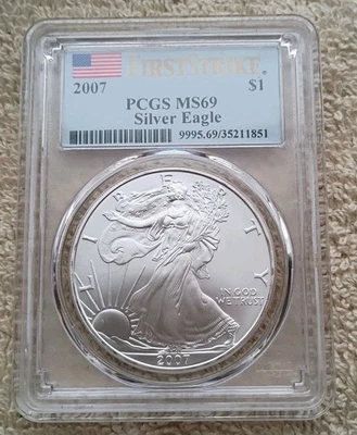 Etiqueta First Strike dólar de plata American Silver Eagle 2007 PCGS MS69 1 OZ  Foto 1 de 4