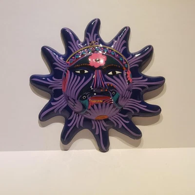 Mexican Handmade Garden Pottery  10" x 10" - Purple Wall Ceramic Sun Face - Image 1 of 2