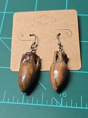 Sterling Silver Carved Wood Dangel Drop Earrings Unique Design  Carved Wood... Foto 1 de 3