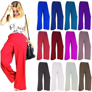 New Womens Plain Palazzo Wide Leg Flared Baggy Stretch Trousers Pants UK 8-26 - Picture 1 of 31
