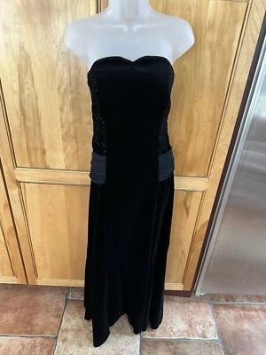 Vintage Laura Ashley  S 32” Bust Black Velvet Gown 30s Dropped Waist Sash - Image 1 of 4