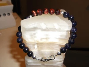 MEN/WOMEN HANDMADE 8 1/4" 8 MM BLUE SANDSTONE & RED TIGER EYE SS BRACELET  - Picture 1 of 7