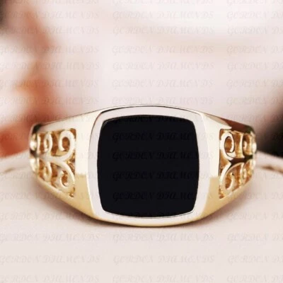 5.0ct Cushion Cut Natural Black Onyx Solitaire Men's Ring 18K Yellow Gold Plated - Image 1 of 4