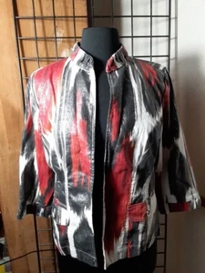 Chico’s Linen Blend 3/4 Sleeve Red White Black Jacket with Silver Accents Size 1 - Picture 1 of 5