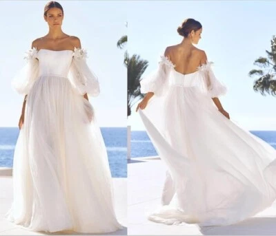 Off-shoulder Wedding Dresses Half Balloon Sleeves A Line Applique Lace Train New - Image 1 of 4