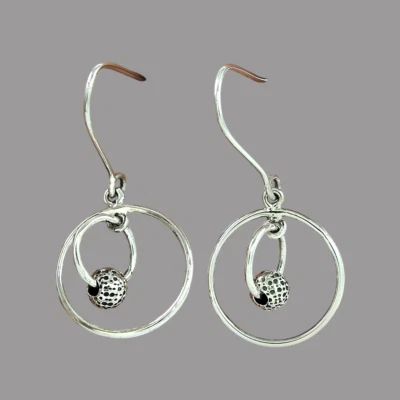 Solid 925 Oxidized Silver Hanging Ball Elegant Dangle Earrings Gift For Her - Image 1 of 4