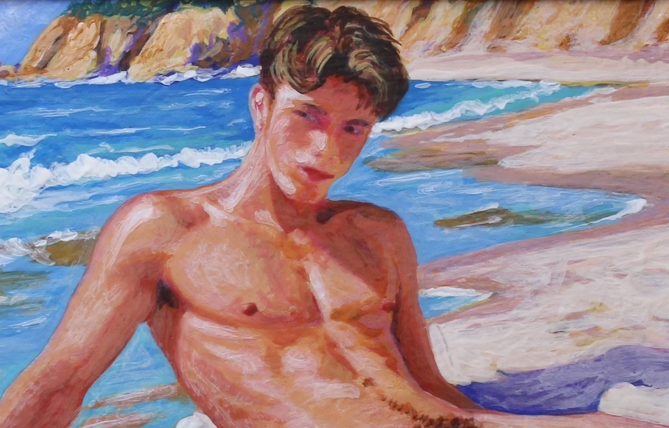 Pintura en miniatura acrílica arte de interés masculino gay original playa Foto 1 de 4