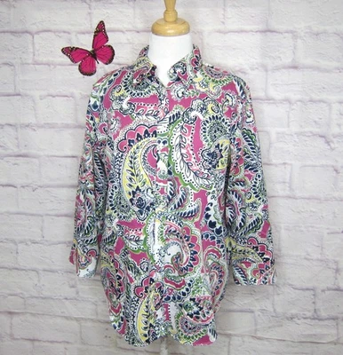 Blusa Chaps by Ralph Lauren Top Talla XL Sin Hierro Rosa Paisley Botón Delantero Foto 1 de 4