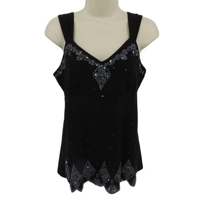 Y2K Dressbarn Petite Medium PM Black Embellished V Neck Going Out Top Shirt Tank - Image 1 of 4