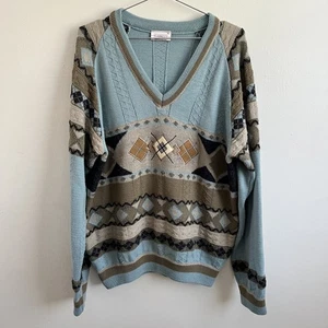 Gabicci Vintage Jumper Wool Blend Blue Beige 90s Knit Sweater - Men's Size XL - Picture 1 of 12