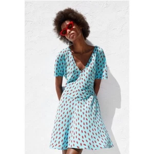 ZARA Blue Fit & Flare Skater Dress Lip Print Kiss V-Neck Pullover Size Small S - Picture 1 of 7