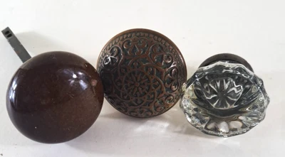 Antique Door Knobs Lot of 3 Glass Crystal Brass Ornate Brown Porcelain - Image 1 of 4