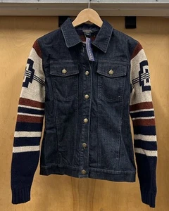 NWT Pendleton Aztec Pattern Denim Wool Sweater Jacket Women’s Small - Picture 1 of 9