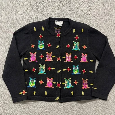 Cardigã feminino Jack B suéter rápido L coruja bordado com miçangas floral lantejoulas - Imagem 1 de 4