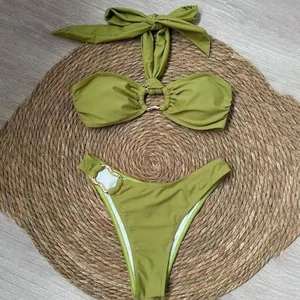 Sporty Solid Color Swimsuit Set for Women Halter Neck Cutout Beachwear - Picture 1 of 25