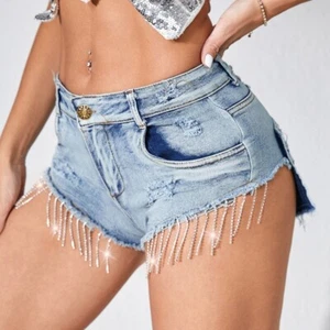 Mujeres Moda Cintura Alta Flecos Borde Estrás Cremallera Mosca Bolsillos Denim Pantalones Cortos - Imagen 1 de 5