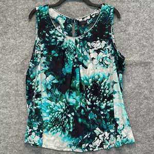 NWT WORTHINGTON Tank Top Women's 1X Blue Green Floral Sleeveless Pleated Keyhole - Picture 1 of 14