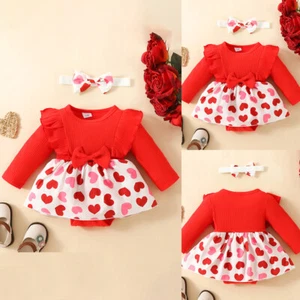 Newborn Baby Girls Heart Print Ruffle Romper Bodysuit Dress Headband Set Outfits - Picture 1 of 10