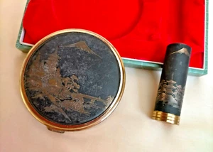 60s Japanese Damascene boxed compact + lipstick - Picture 1 of 9