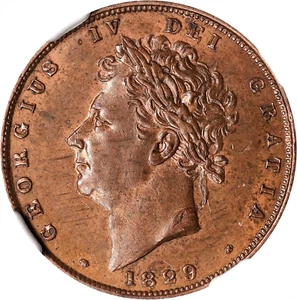 1829 GREAT BRITAIN GEORGE IV COPPER FARTHING (1/4 PENNY) NGC MS-63 BROWN - Picture 1 of 3