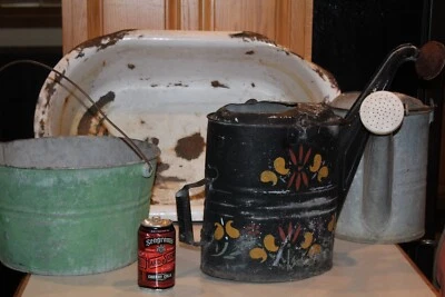 Antique Old Galvanized Water Sprinkling Can Lot Porcelain Tub Flower Garden Pail - Image 1 of 4
