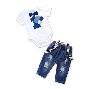 Toddler Baby Boy Birthday Clothes Set Bowtie Romper Suspenders Ripped Denim P... - Picture 1 of 6