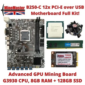 B250-C BTC 12 PCI-E/USB GPU Crypto Mining Motherboard CPU 8GB RAM 128GB SSD kit! - Picture 1 of 12