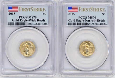 2015 $5 Gold Eagle PCGS First Strike MS70 FS SET Narrow Reeds & Wide Reeds GOLD Cover