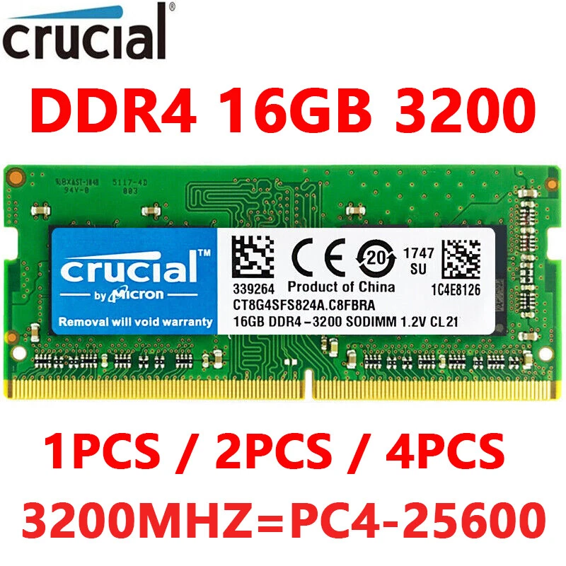 Crucial DDR4 16GB 32GB 64GB 3200MHz PC4-25600 Laptop SODIMM 260-Pin Memory RAM - Image 1 of 4