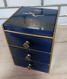 Otagiri Blue Gold Seagulls Trinket 3 Drawer Mirror Mini Jewelry Box Vintage - Picture 1 of 13