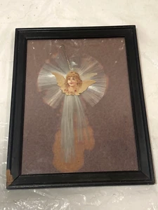 Vtg German Die-Cut Scrap Cherub Xmas Ornament Angel Spun Glass Halo In Frame - Picture 1 of 9