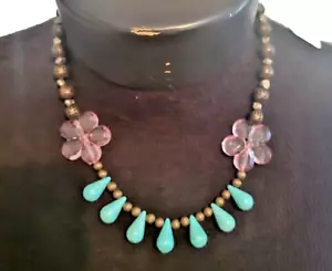 Handcrafted Necklace Turq Color Magnesite Drops Glass Beads Pink Acrylic Flower - Picture 1 of 8