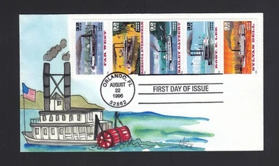 FDC: #3091-3095 1996 32c Riverboats - MELISSA FOX Cachet pintado a mano  Foto 1 de 2