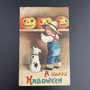 True Vintage A Happy Halloween Postcard Clapsaddle Boy Dog JOL - Picture 1 of 7