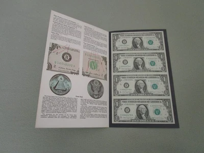 Uncut Sheet of 4 Uncirculated 1 Dollar Bills in Folder - Image 1 of 3
