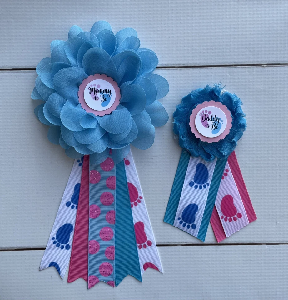 Ramillete de baby shower rosa y azul revelación de género, juego de ramillete de mamá y papá Foto 1 de 1