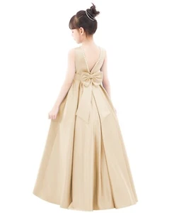 Backless A-line Satin Flower Girl Dress with Pearl Beaded Trim Party Dresses - Picture 1 of 16