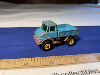老式 20 世纪 60 年代玩具压铸火柴盒 Unimog 卡车蓝色 49 号莱斯尼英格兰 — 第 1/4 张图片