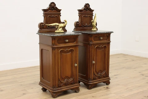 Pair of French Antique Carved Walnut Marble Top Nightstands #46007 Cover