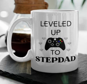 Stepdad Leveled Up Controller Coffee Mug Birthday Gift Video Gamer from Stepson - Picture 1 of 5