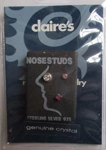 X2 c 3 NOSE STUD Studs Sterling Silver Crystal bezel round pink body jewelry - Picture 1 of 3