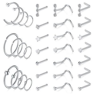 33pcs 20G Surgical Steel Nose Hoop Rings L Shaped Screw Studs Nostril Piercing - Image 1 of 4