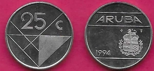 ARUBA 25 CENTS 1994 UNC RULER QUEEN BEATRIX,NATIONAL ARMS AND VALUE,GEOMETRIC DE - Picture 1 of 1
