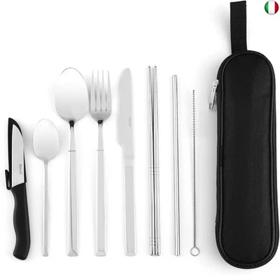 Posate da Viaggio, hecef 9 Pezzi Set di Posate da Campeggio Acciaio Inox 18/0, - Immagine 1 di 4
