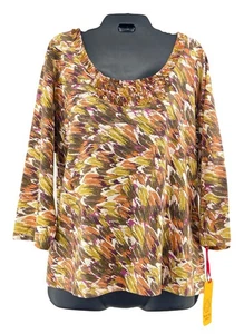 NWT Ruby Rd Womens Size 1X Fall Feathers Print 3/4 Sleeve Stretch Knit Top - Picture 1 of 4